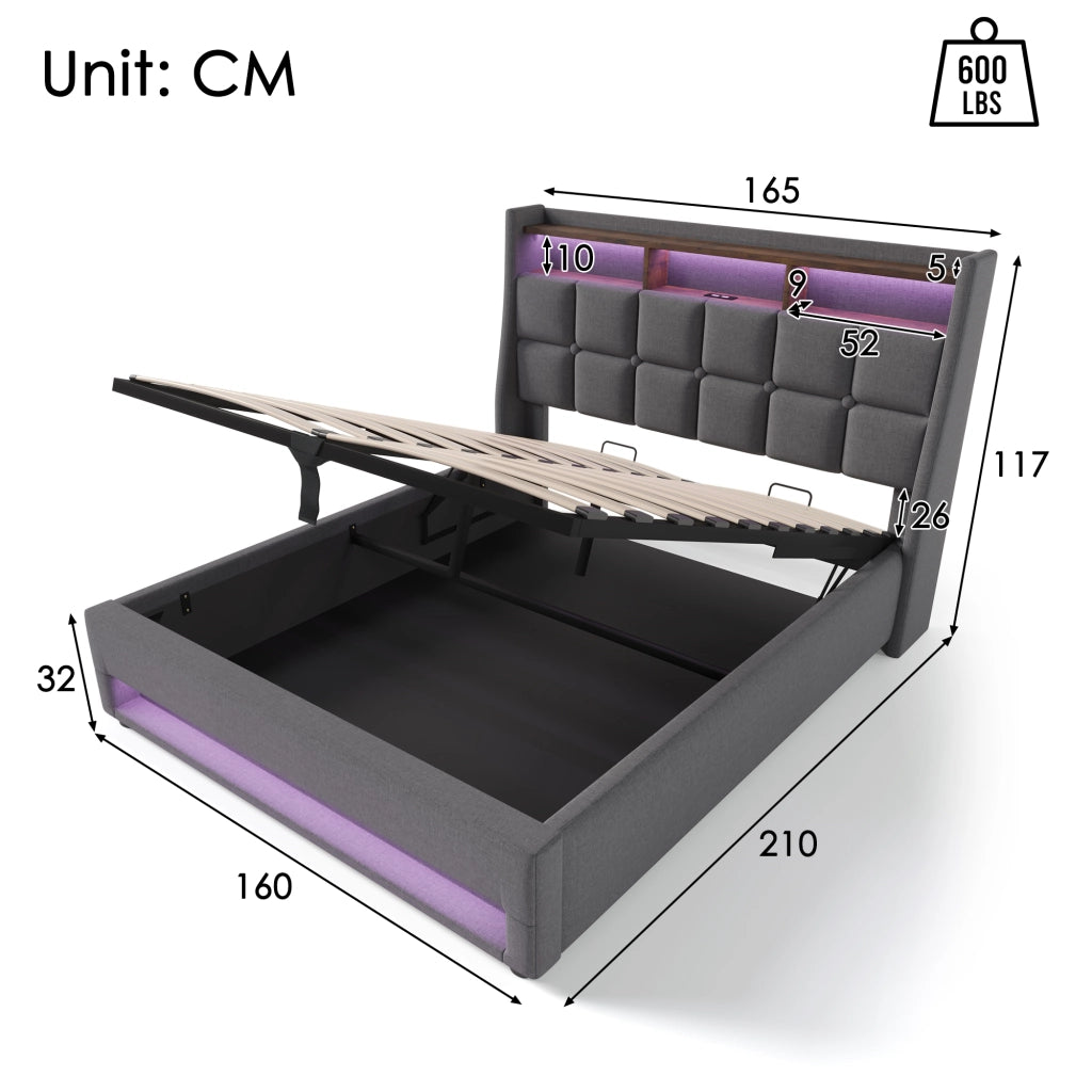 Letto contenitore imbottito grigio 160x200 cm