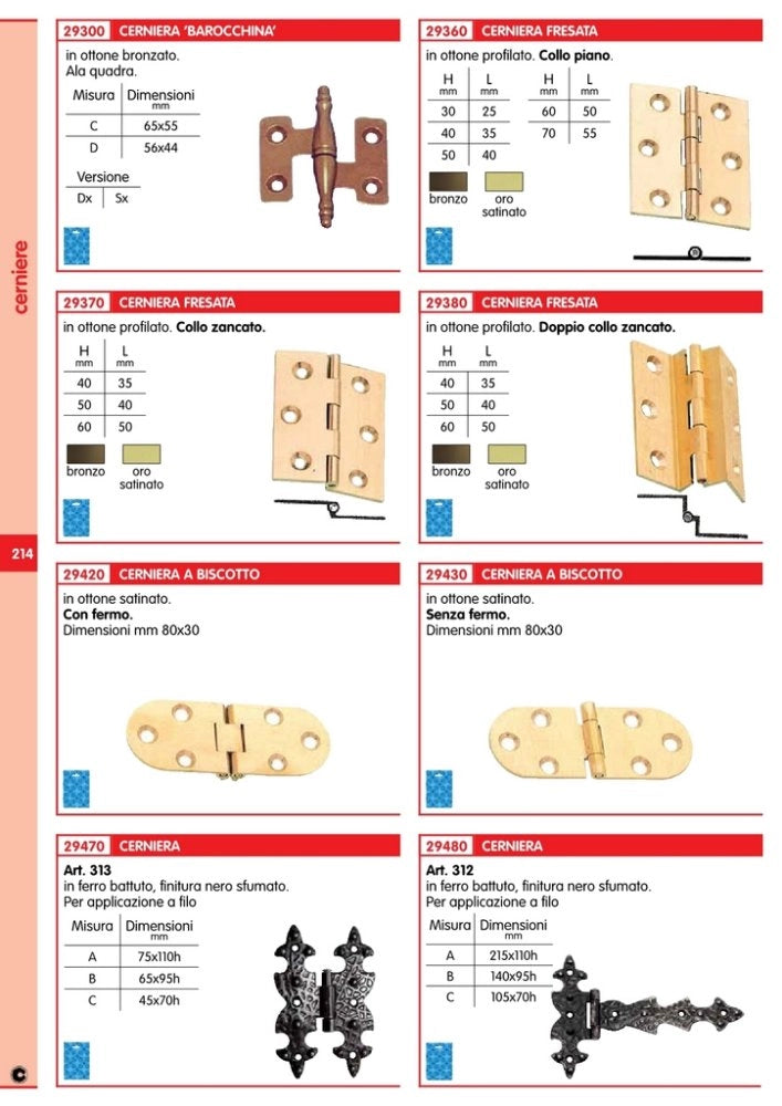 1blister cerniere ottone profilato con colloh 40 mm lung 35 mm pz 2 oro bronzato cod:ferx.59916