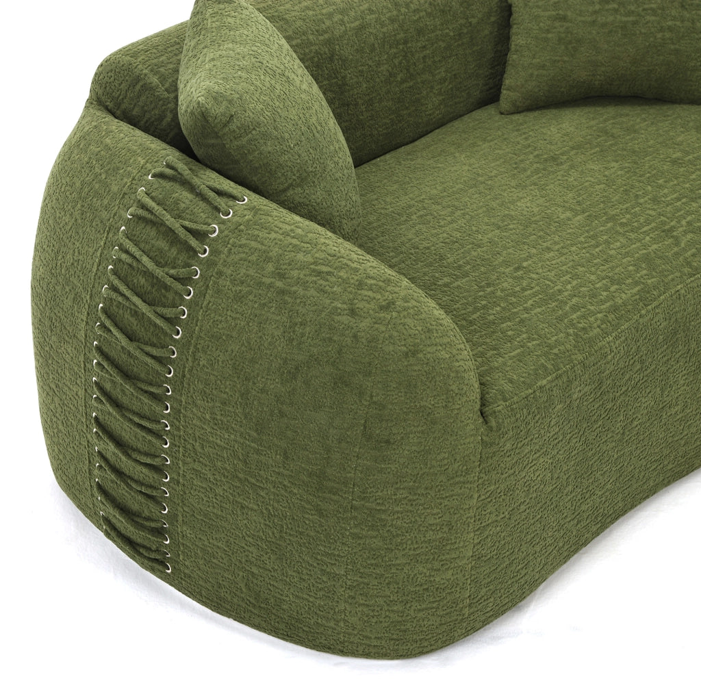 Divano curvo 2 posti ULEVR in ciniglia verde con 2 cuscini e decorazioni laterali con lacci