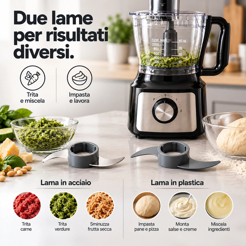 Robot da Cucina Multifunzione 500W con Accessori e Lama in Acciaio 2 Velocità