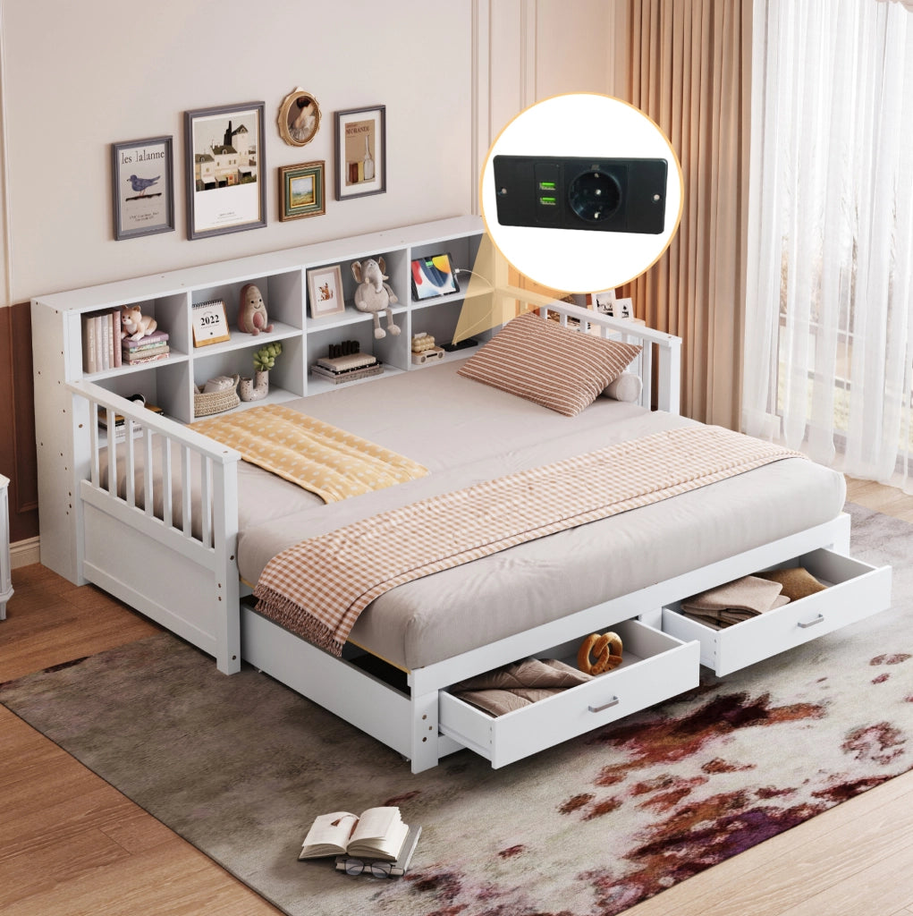Divano letto estraibile 90/180x190 cm in legno bianco con contenitore， senza materasso