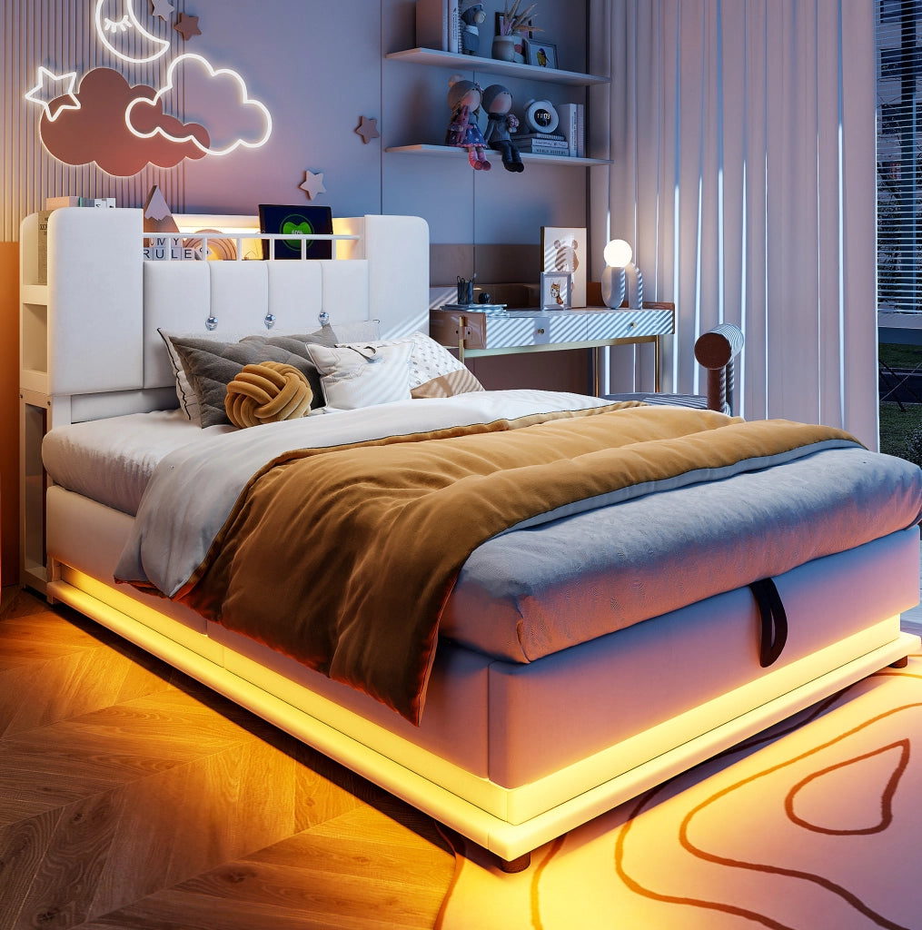 Letto imbottito per bambini 90x200 cm con LED, USB e contenitore idraulico, beige