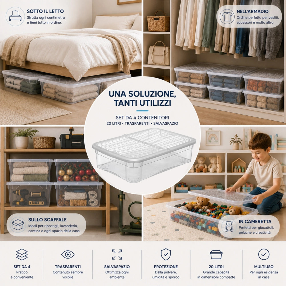 4 Pezzi Storage Box Marea Contenitori Sottoletto in Plastica 20L x 4Pz 58x39x15cm