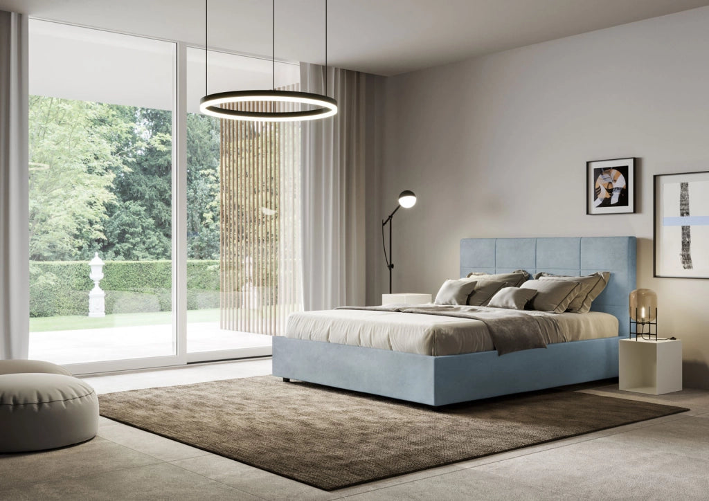 Letto 1 Piazza E Mezzo 130x190 cm con Rete Imbottito in Microfibra Mika Azzurro