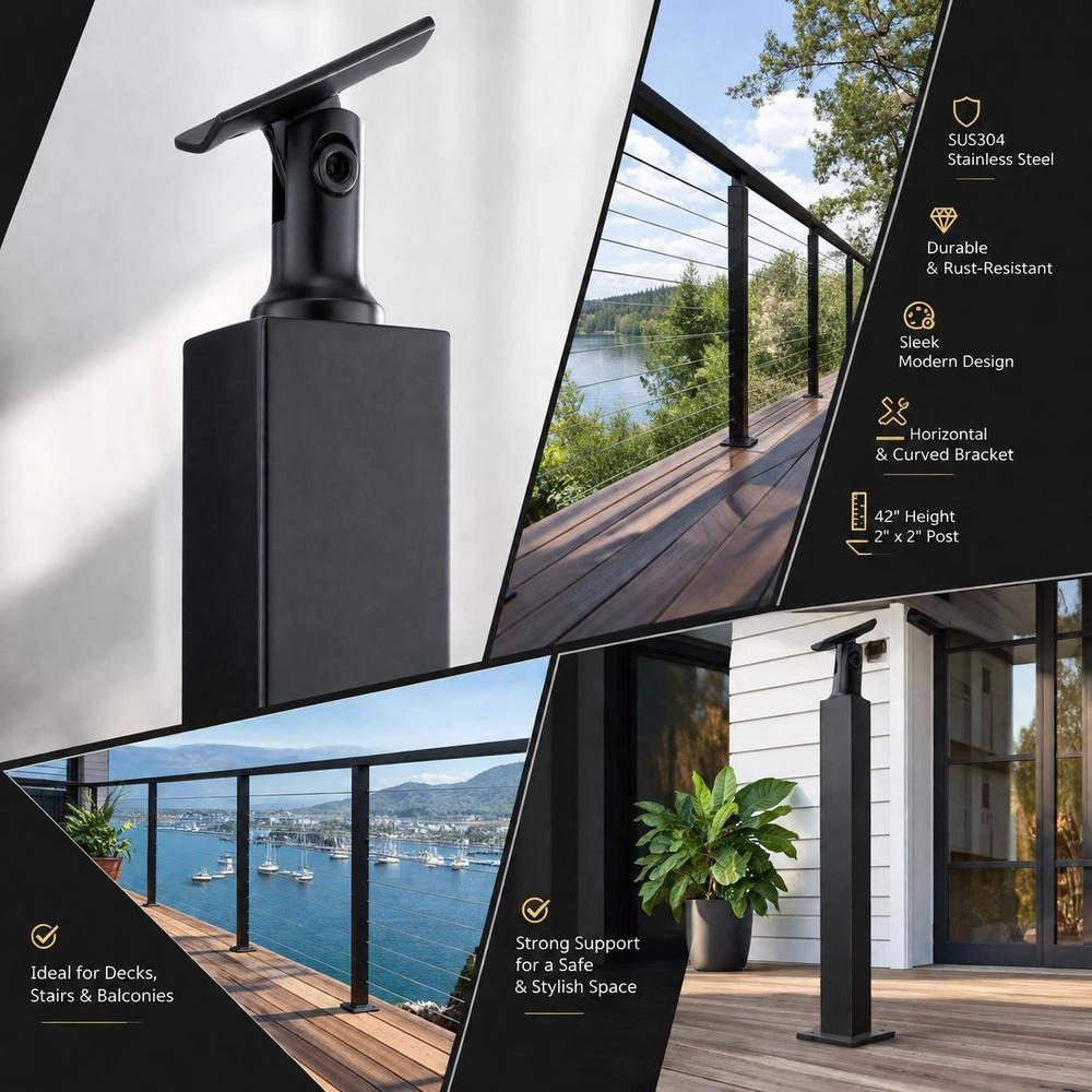 Cable Railing Post, 106.7 X 4.97 X 4.97 Cm, Flat Steel Deck Railing Post Without Holes, SUS304 Stainless Steel Cable Railing Post, Stair Handrail Post With Horizontal And Curved Bracket
