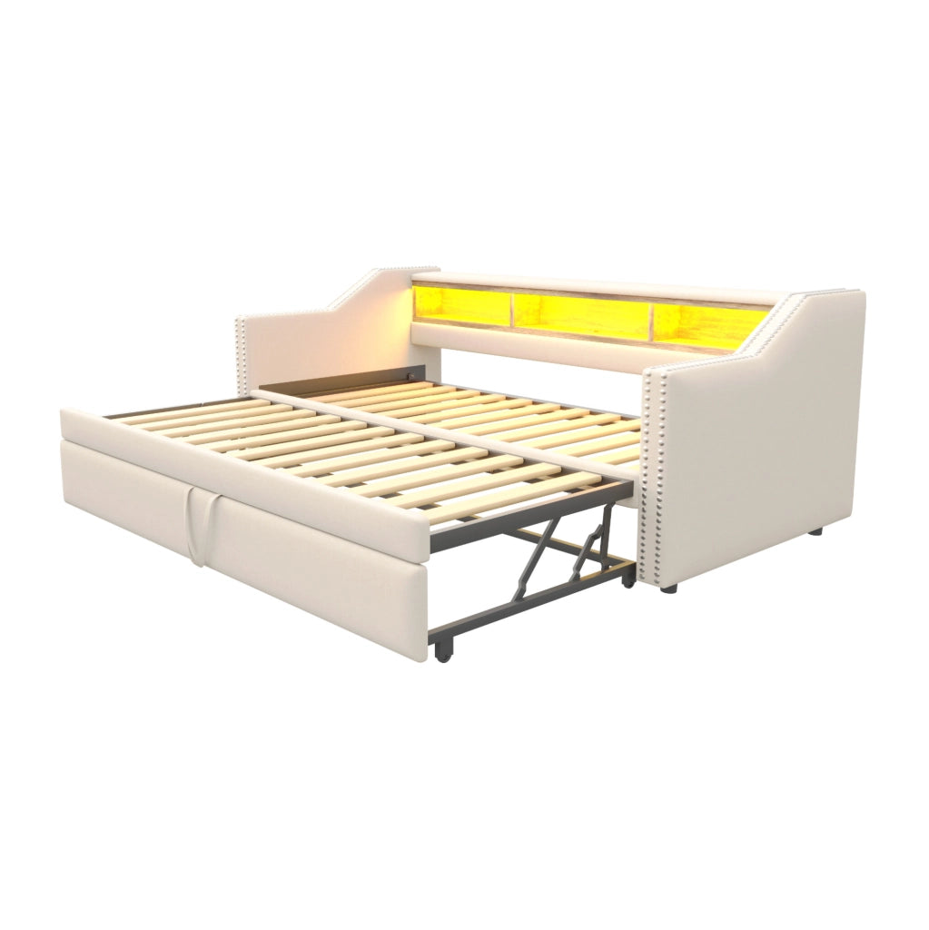 Divano letto estraibile imbottito 90/180x190 cm beige con LED USB