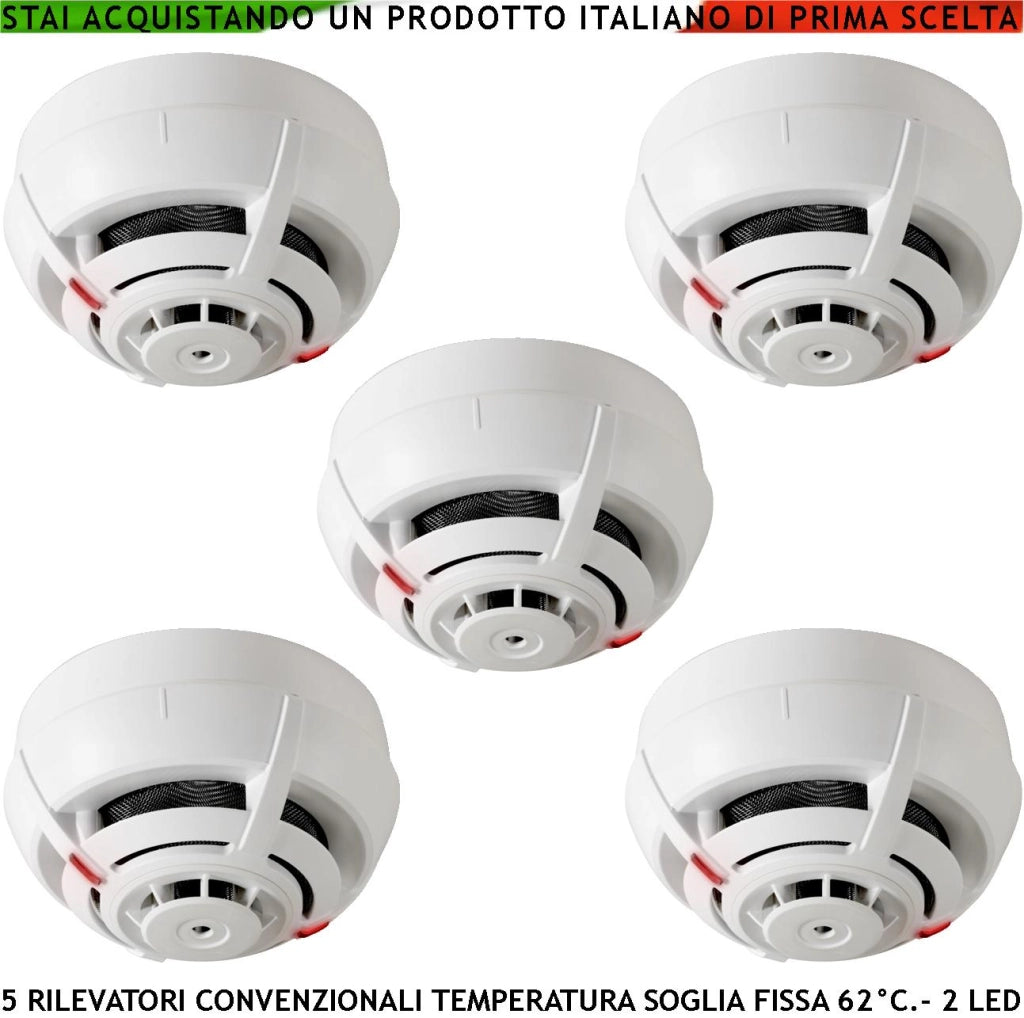 SENSORI TEMPERATURA SOGLIA FISSA 62° C 5 PEZZI PER ANTINCENDIO RIVELATORI TERMOVELOCIMETRICI CONVENZIONALI LOOP USCITA LED STATO