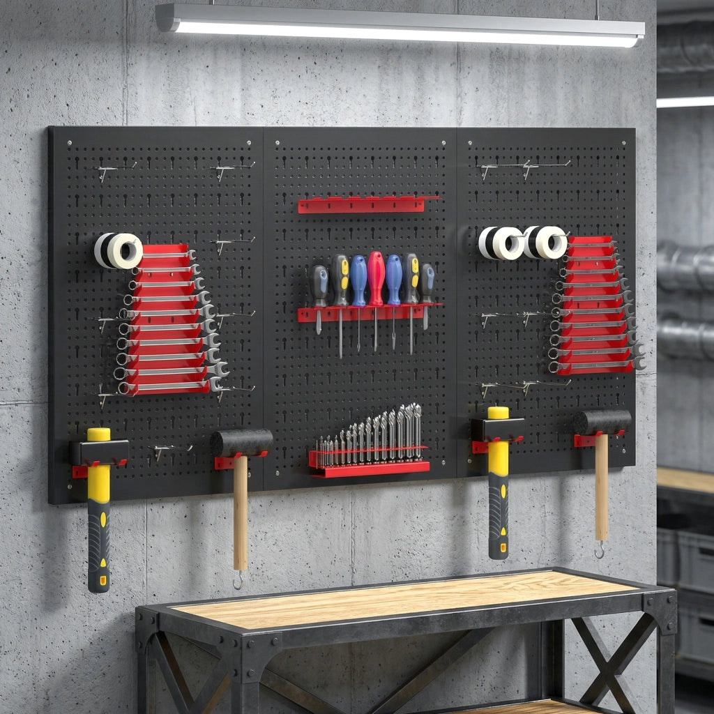 Pannelli Porta Attrezzi da Parete ¨C Minimal ¨C Acciaio, Nero e Rosso, 3 Pezzi