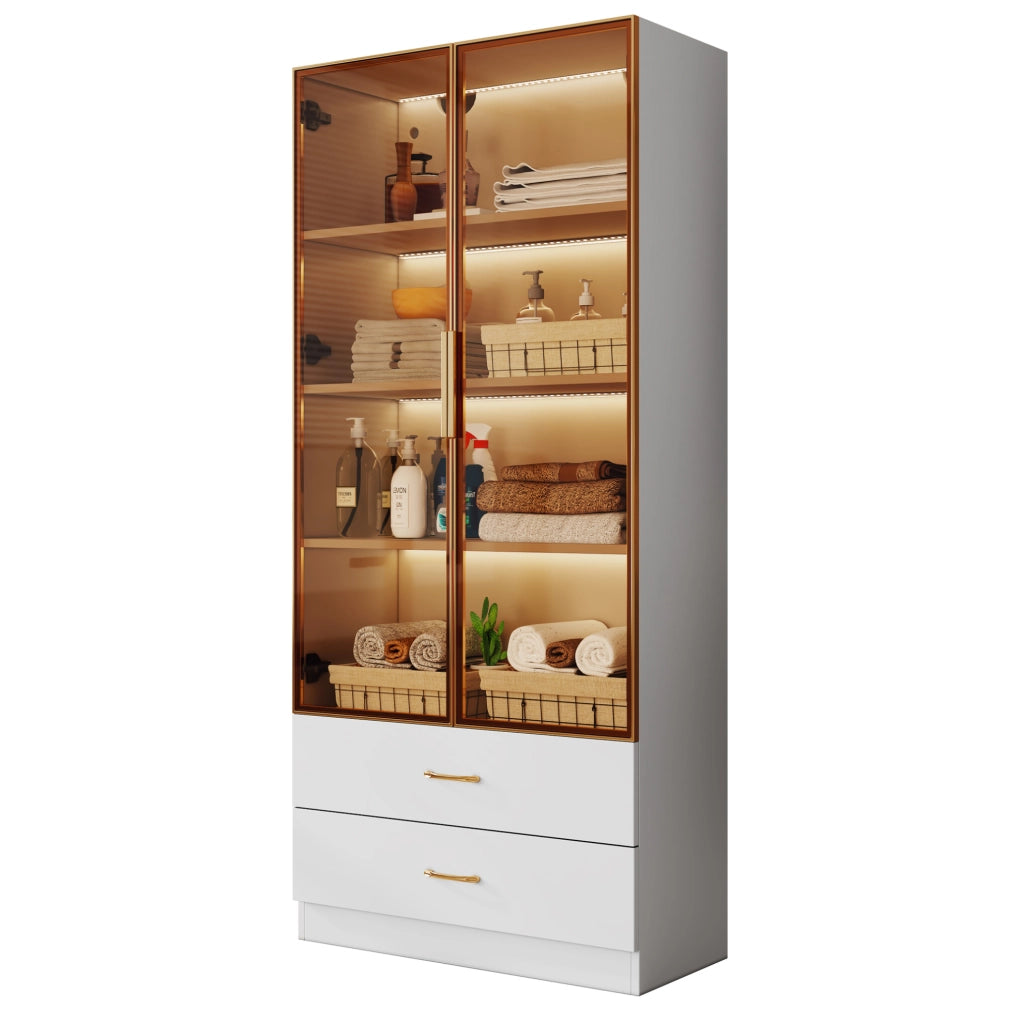 Mobile bagno alto in MDF bianco con ripiani aperti e vetro temperato