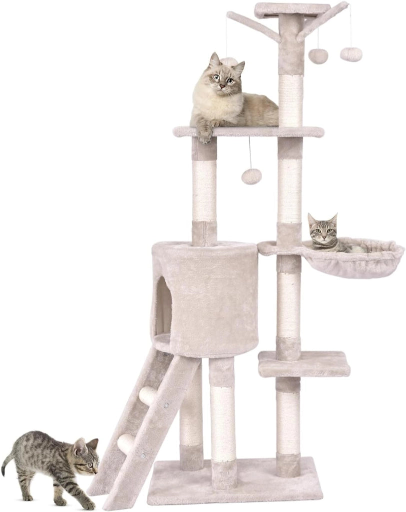 Tiragraffi per Gatti Alto 140 cm, Albero Tiragraffi Gatto con Tiragraffi in Sisal, Cesto, Piattaforma, Scala e Palline Pendenti, Torre Multi-Livello per Gatti da Interno