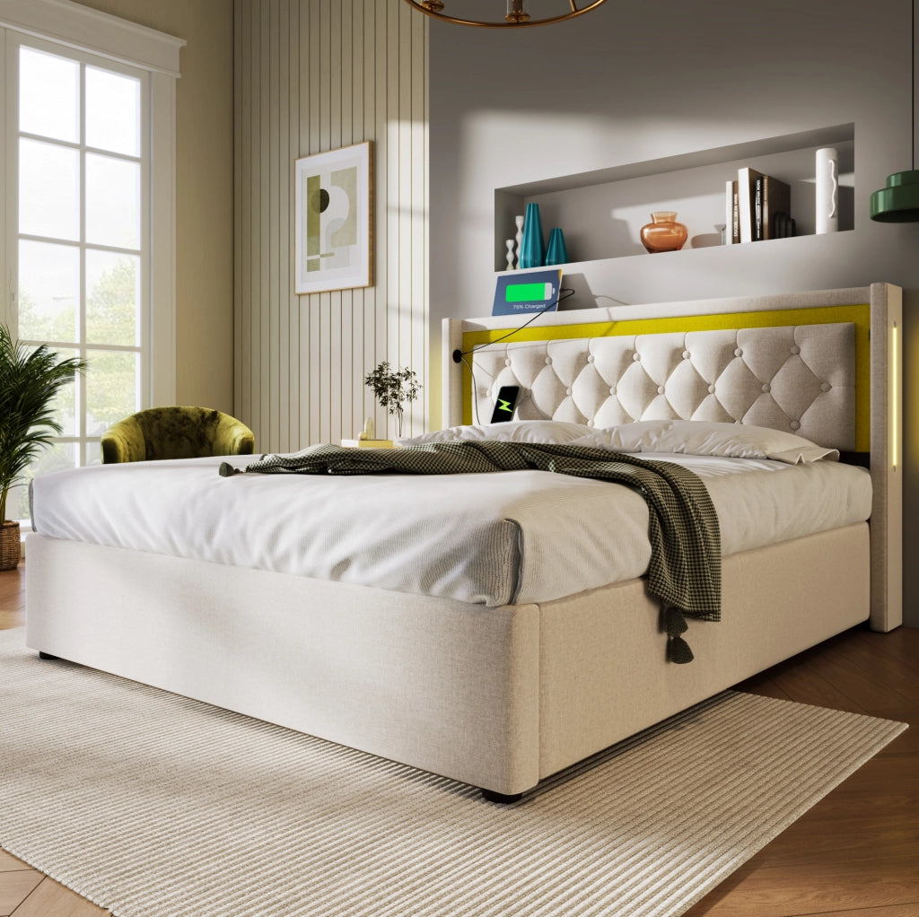 Letto matrimoniale imbottito 140x200 cm con LED, USB e Type-C, contenitore, beige chiaro