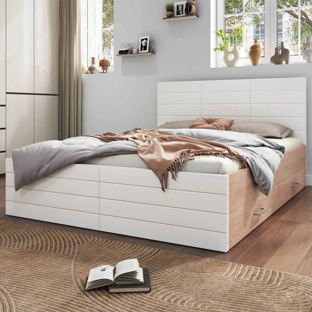 Letto matrimoniale 180x200 con due cassetti bianco e rovere