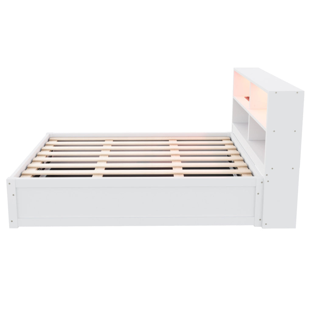 Letto singolo multifunzione 90x200 cm con LED e vani, bianco