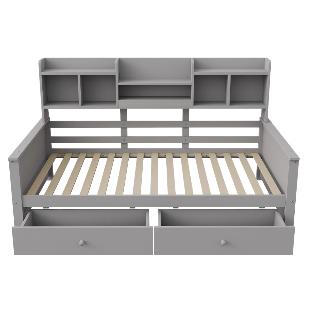Letto divano singolo 90x200 cm con cassetti e ripiani grigio