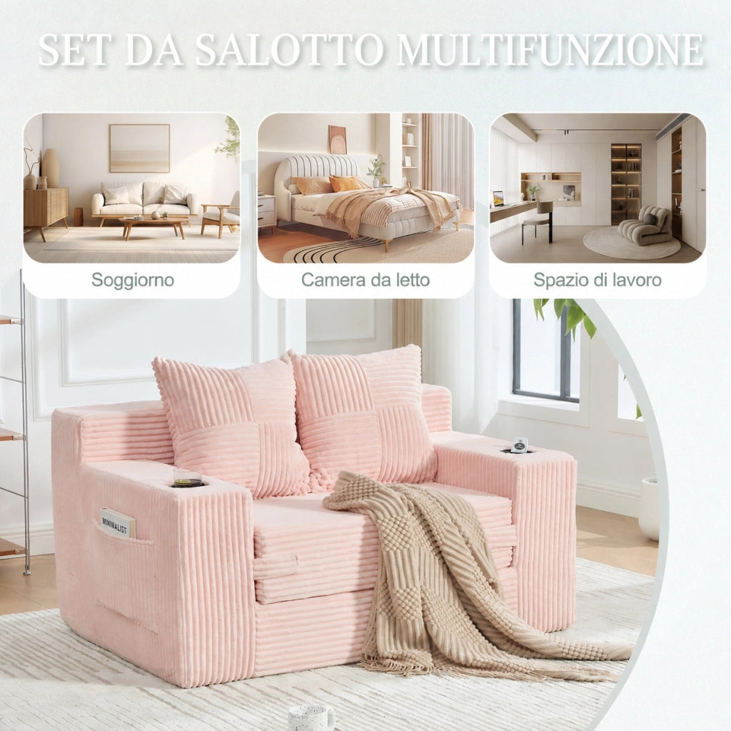 Divano due posti rosa 151 x 133 x 64 cm con cuscini e portabicchieri; velluto a coste