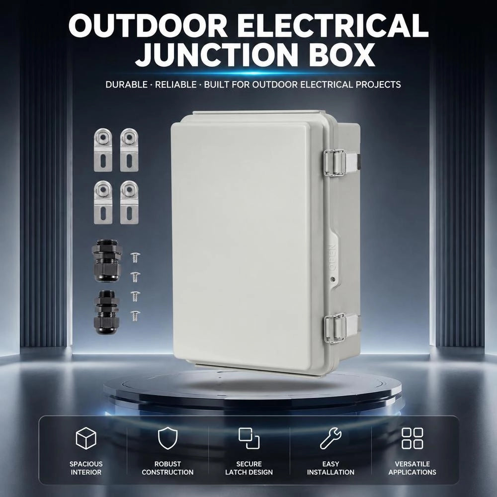 Outdoor Electrical Junction Box, 300 X 200 X 180 Mm ABS Plastic Electrical Enclosure With Hinged Lid, Stainless Steel Latch, IP67, For Outdoor Electrical Projects