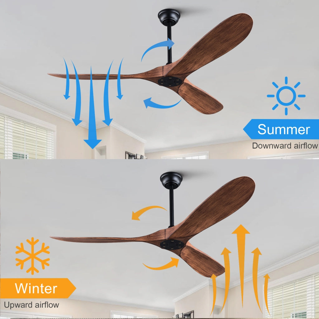 Ventilatore da soffitto moderno senza luce a 3 pale in ABS noce con motore dc reversibile e telecomando nero