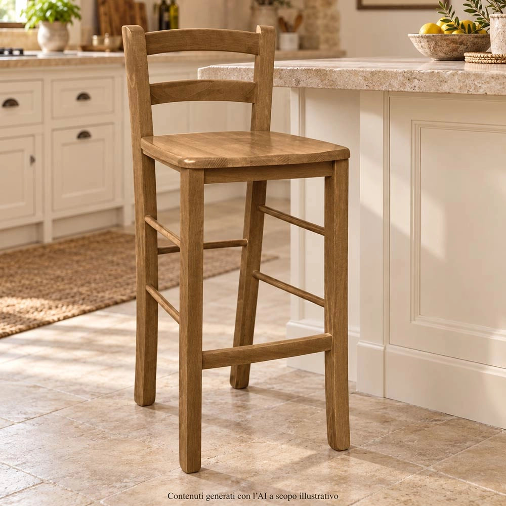 Sgabello snack Noce Chiaro con Schienale e seduta in legno Massello h 67 cm