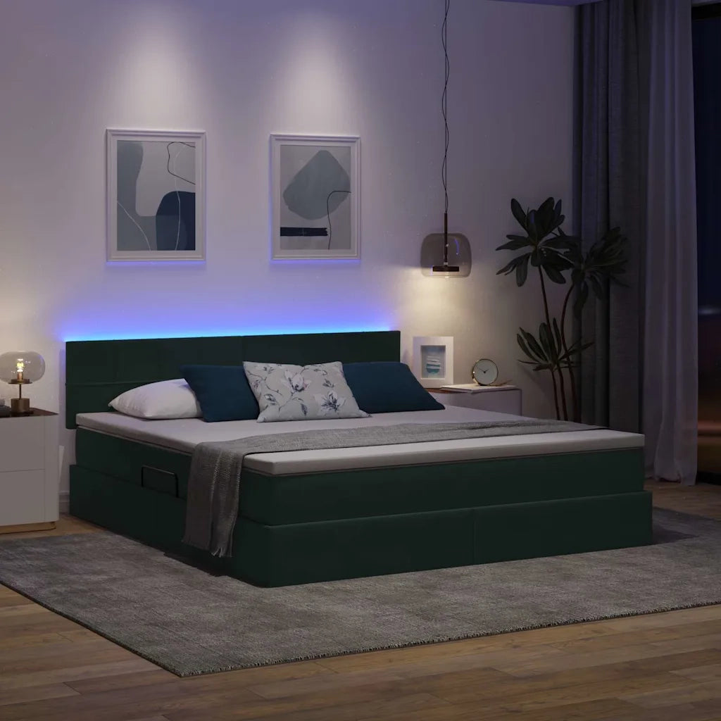 Letto con contenitore e LED Verde Scuro 160 x 200 cm Velluto