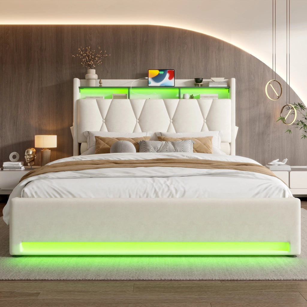 Letto matrimoniale 160x200 cm in velluto beige con LED, USB Type-C e contenitore