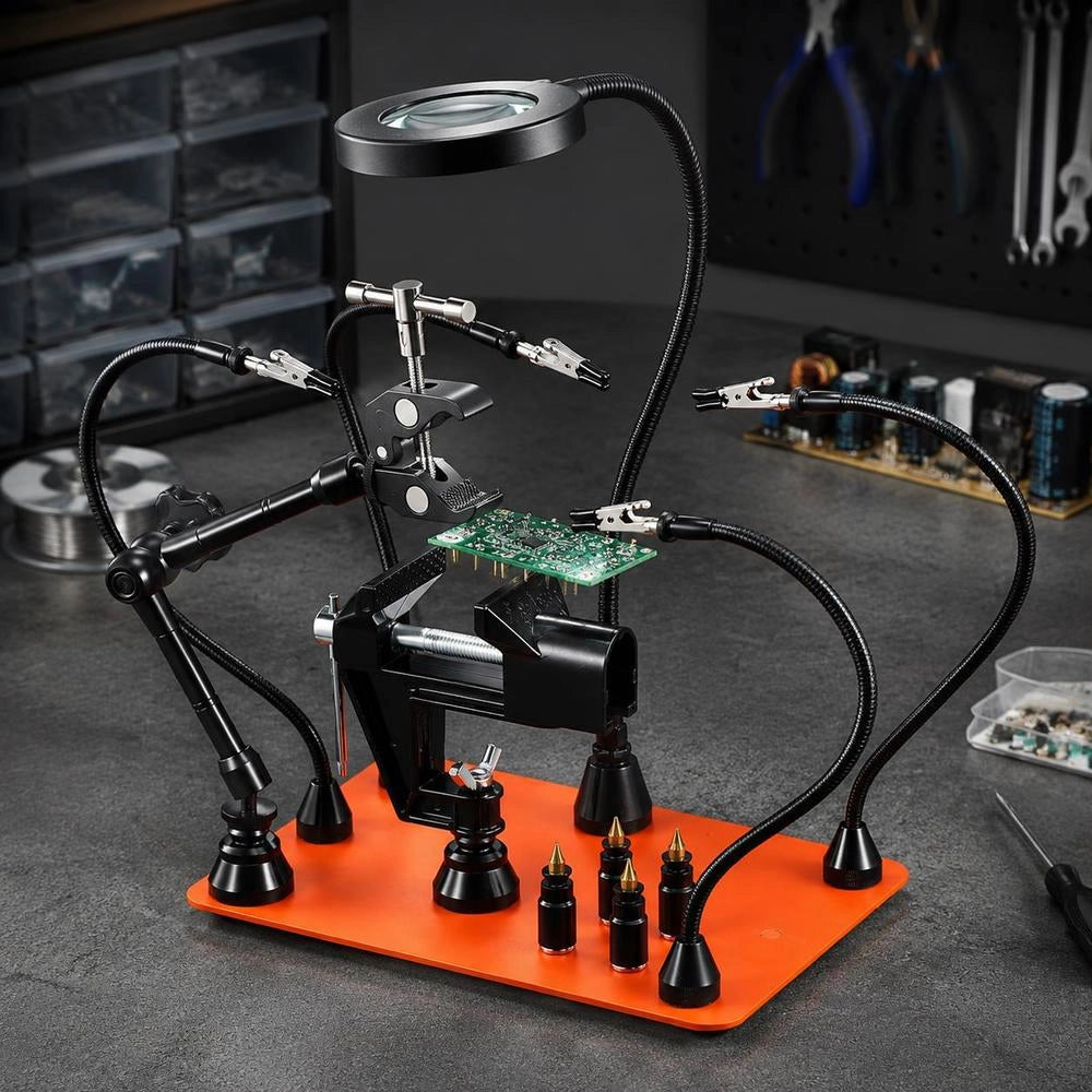 Soldering Aid Third Hand, Magnetic Soldering Station, 4-arm Hand Tool, With Vise, 3x LED Magnifying Lamp, 4 Circuit Board Holders And 360-degree Hot Air Gun Holder