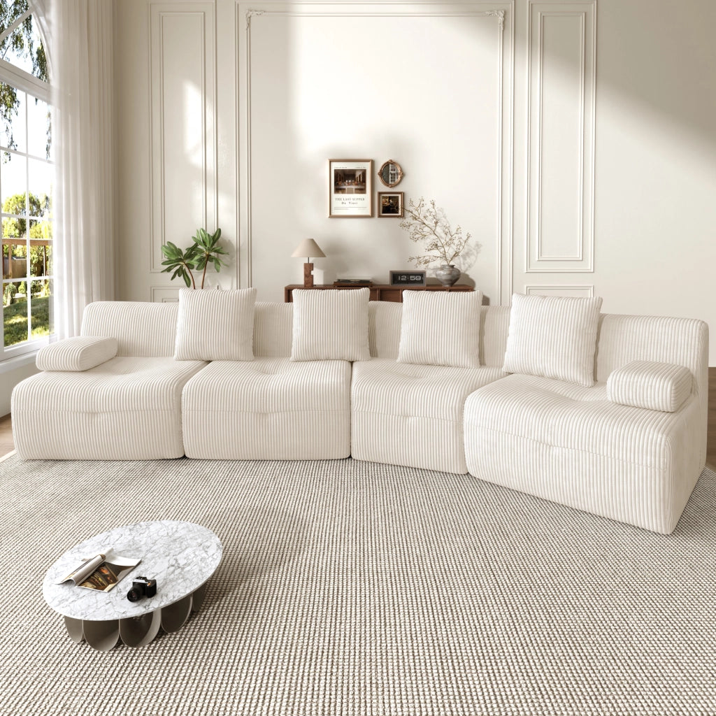 Divano modulare 4 sedili 311x90x65 cm; divano compresso senza montaggio con moduli liberi; velluto a coste; carico 400 kg; beige