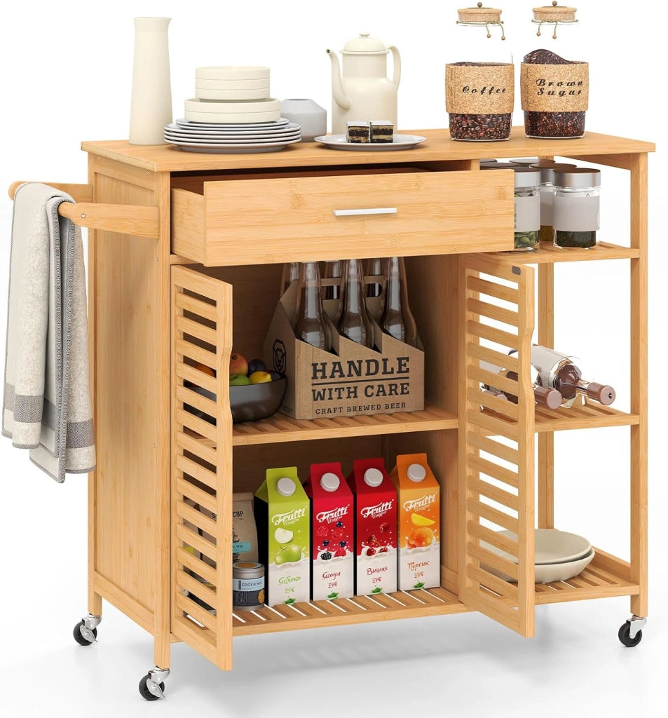 Carrello da Cucina, Mobile da Cucina in Bambù con Ruote Cassetto Ripiani Barra per Asciugamani e Armadio con 2 Porte, Organizzatore per Sala da Pranzo Soggiorno, 104x40x89 cm