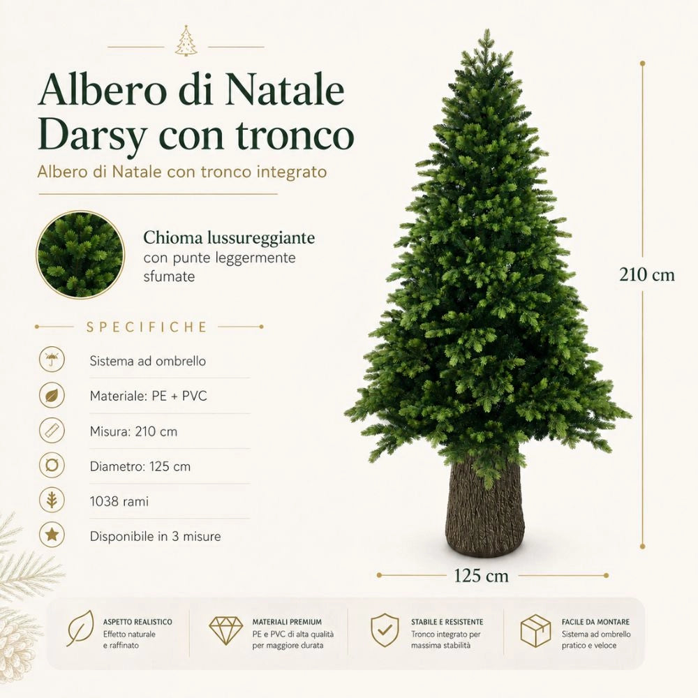 Albero di natale darsy con tronco elegante e naturale 210 cm