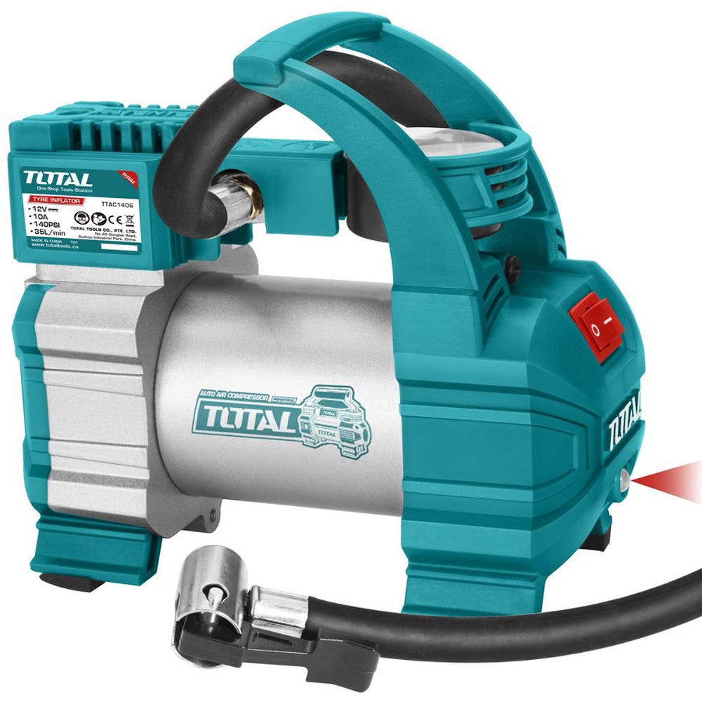 MINI COMPRESSORE ARIA PORTATILE AUTO 12V GONFIATORE RUOTE 140PSI TOTAL TOTTTAC1406
