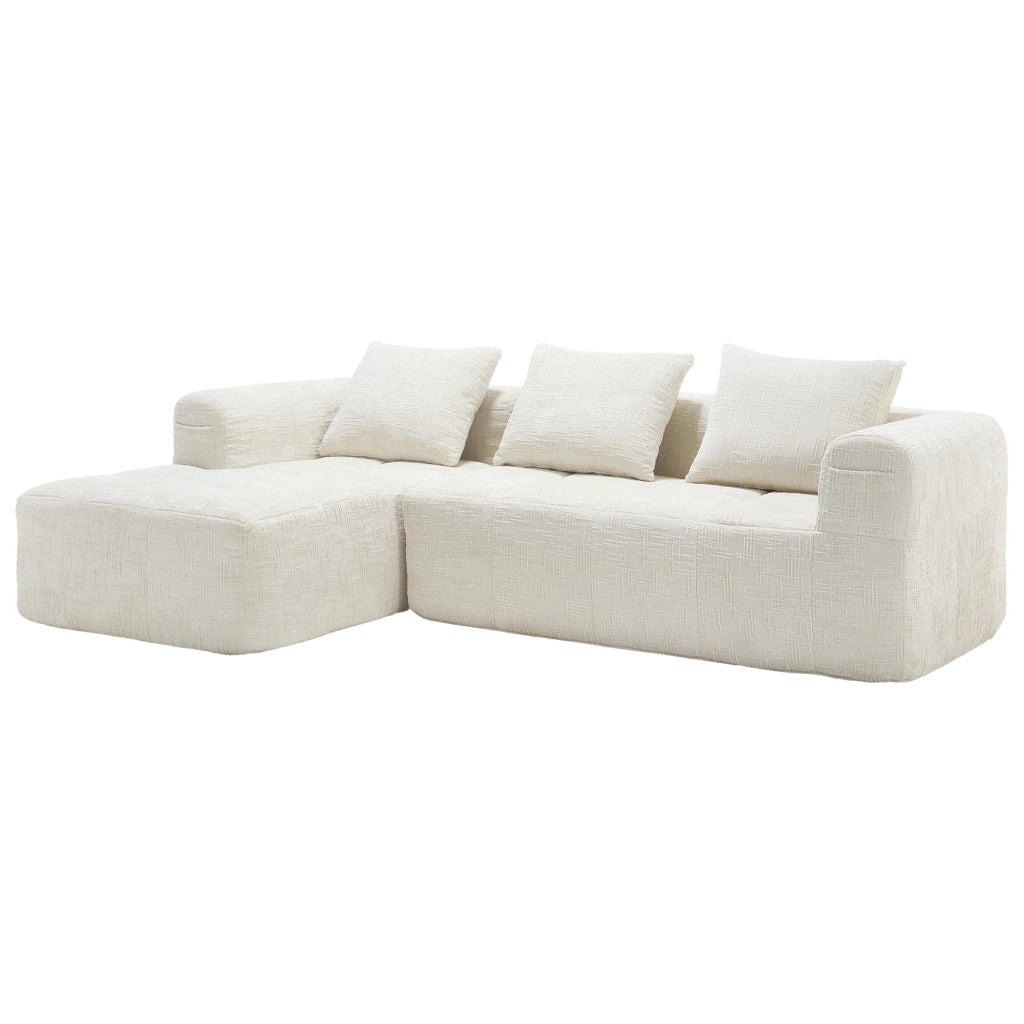 Divano modulare a L in chenille beige con chaise longue, 3 cuscini e tasche laterali