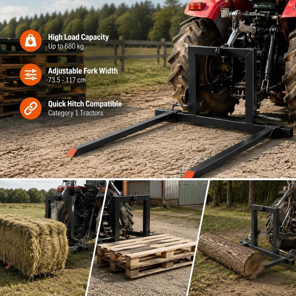 3 Point Hitch Pallet Forks, 1500 Lbs Clamp On Pallet Forks, 50-Inch Total Length Heavy-Duty Tractor Fork With 28.9-46 Inch Adjustable Fork Width, Quick Hitch Attachments For Category 1 Tractors