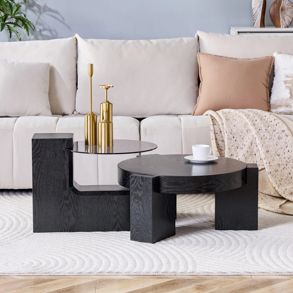 TAVOLINO DA CAFFÈ ROTONDO A 2 RIPIANI 61 CM NERO E VETRO GRIGIO Set da 2 pezzi