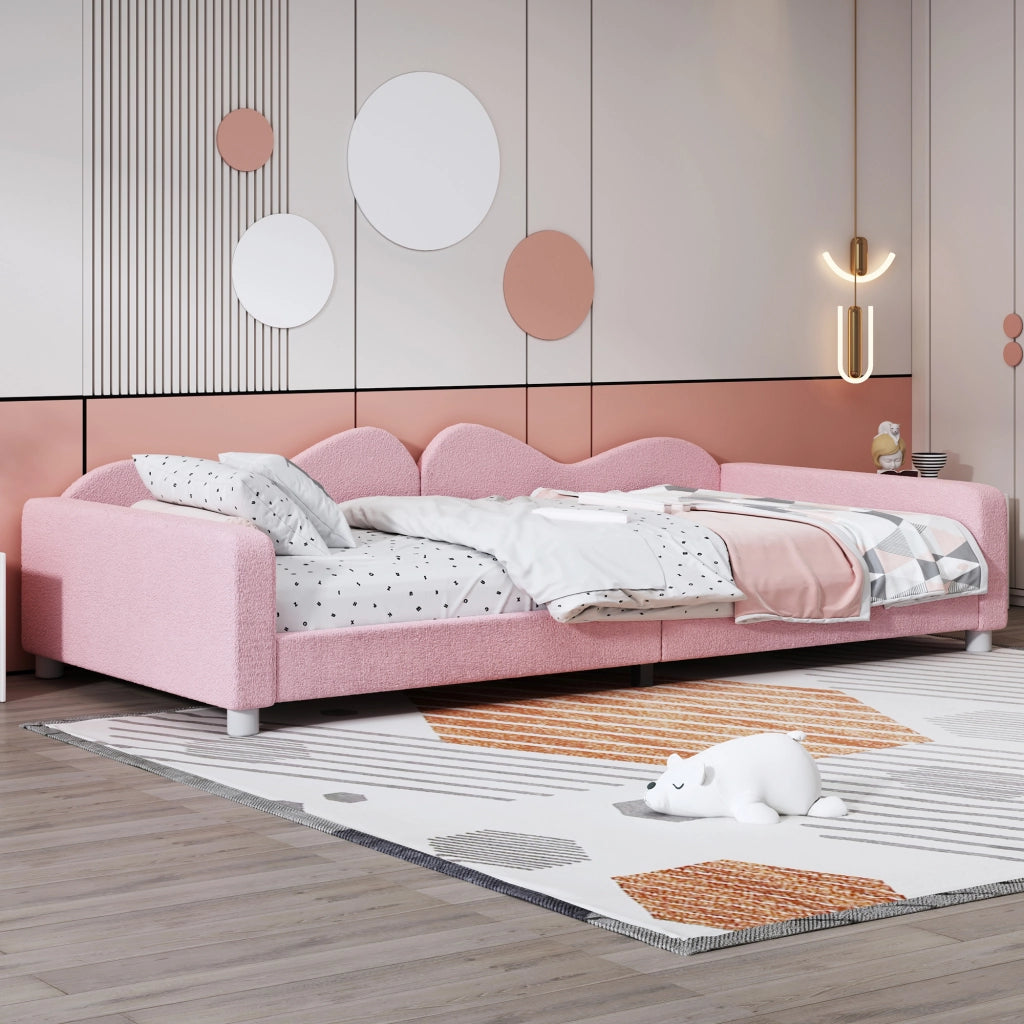 Letto singolo 90 × 200 cm imbottito con rete a doghe; schienale e braccioli; rosa