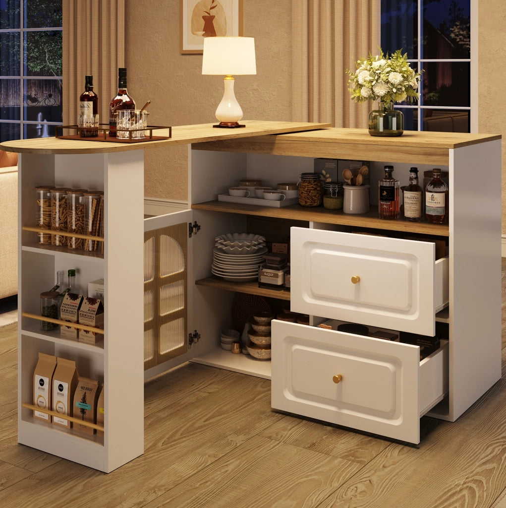 TAVOLO ALTO Girevole 138-204x39x104 cm MDF Bianco con 2 Cassetti