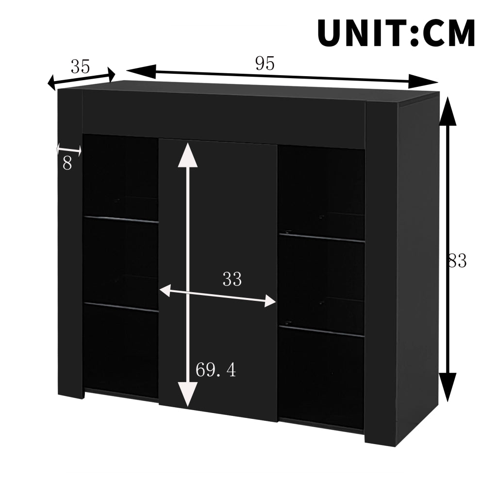 Credenza moderna nera con frontale lucido e ripiani in vetro; 95x35x83 cm