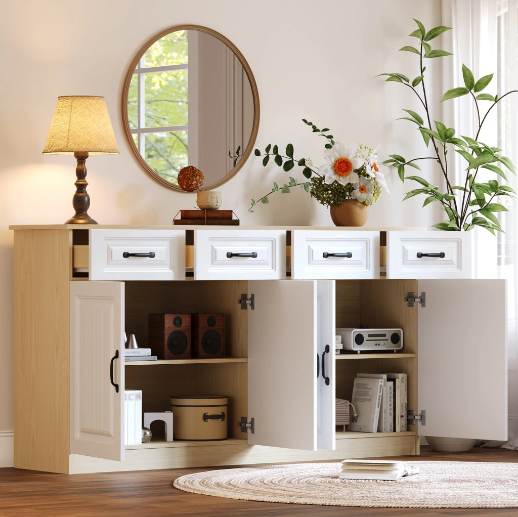 Credenza 160x35x80 cm con 4 cassetti e 4 ante in MDF bianco