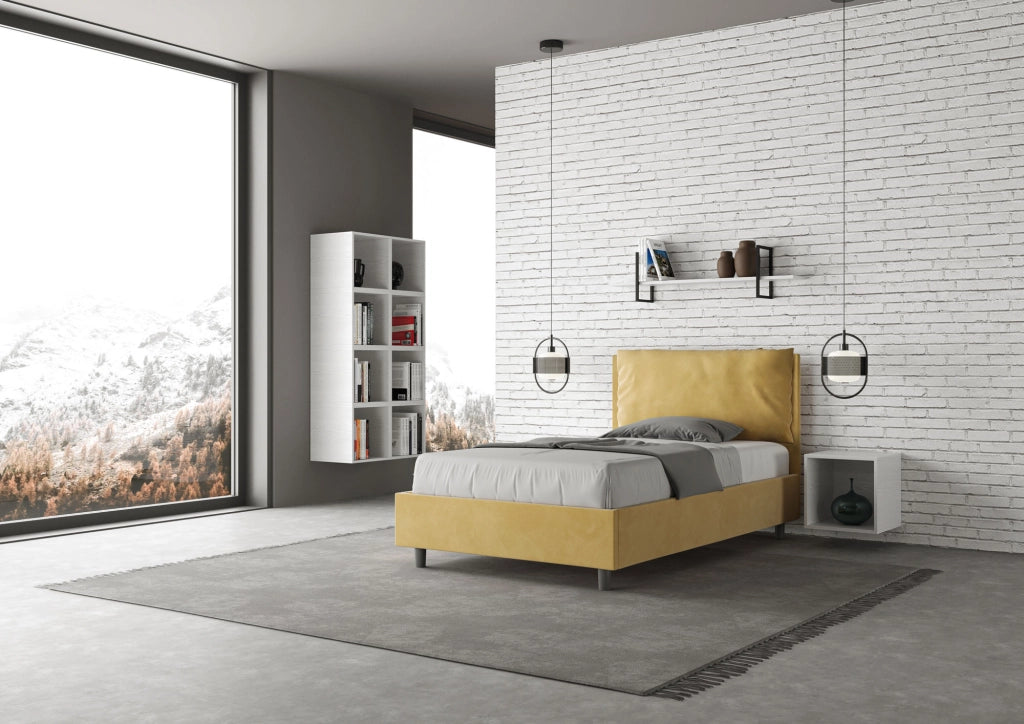 Letto 1 Piazza E Mezzo 110x190 cm con Rete e Contenitore Imbottito in Microfibra Antea Large Ocra