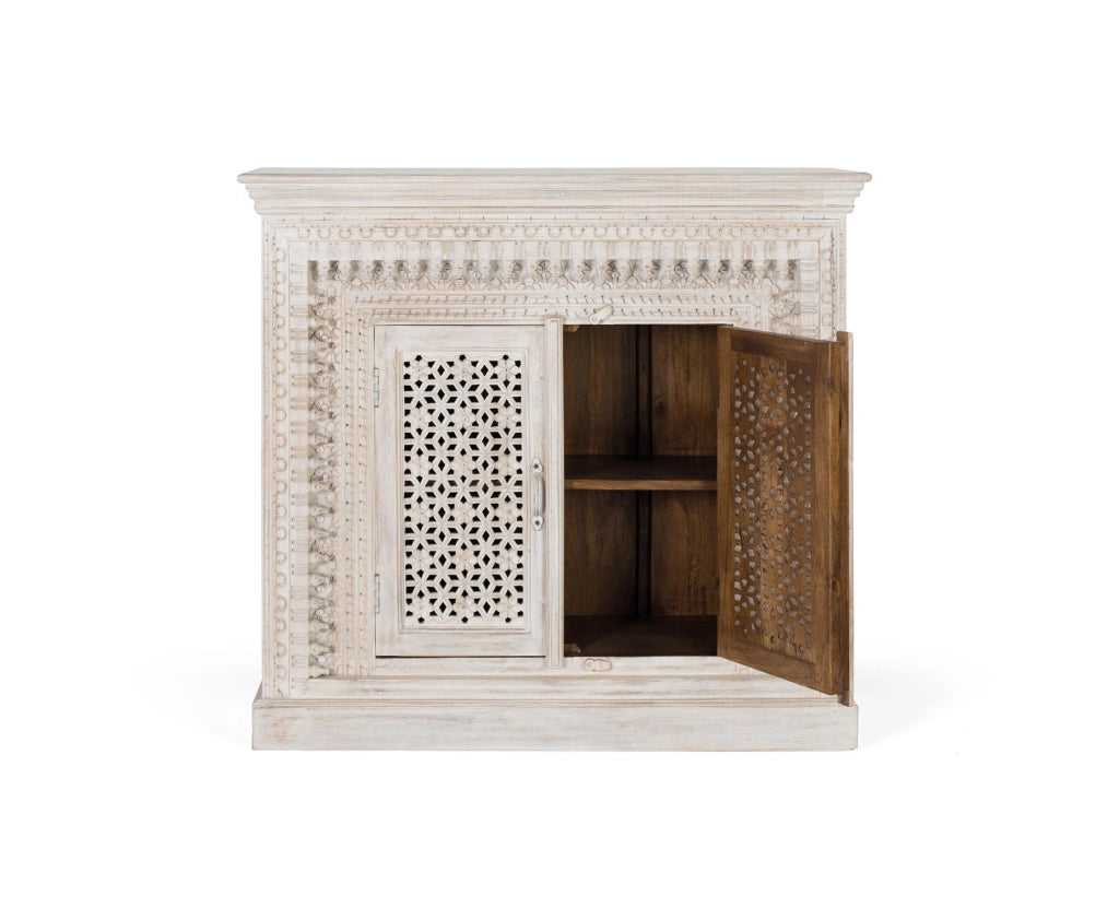 Credenza in massello di mango intagliato Colore bianco invecchiato