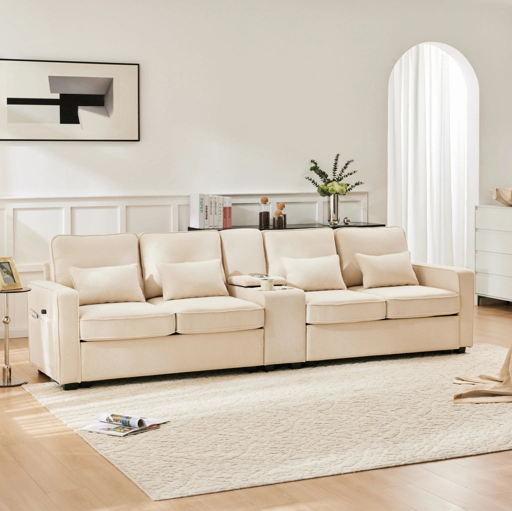 SOFA 4 POSTI CON USB, PORTABICCHIERI, TASCA BRACCIOLI E 4 CUSCINI 290x83x88 cm BEIGE