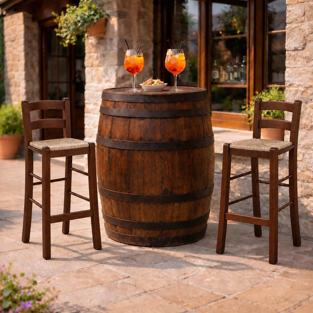 Sgabello snek in legno con seduta in paglia h 67 cm in noce scuro