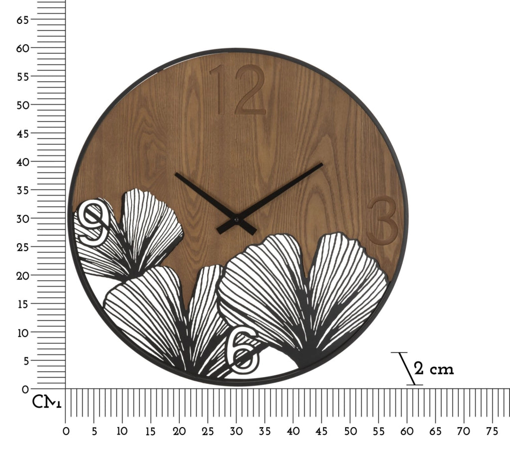 Orologio da Muro Super Wood/Leaf 60x2x60 cm in Ferro e MDF Nero e Marrone