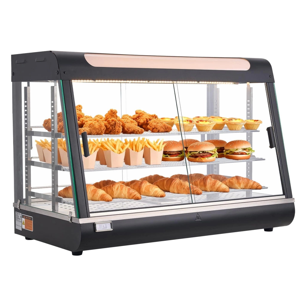 Per hamburger, pizza e pollo fritto, espositore scaldavivande commerciale 3 livelli, 1400W, luce LED, ripiani regolabili, vano portaoggetti superiore