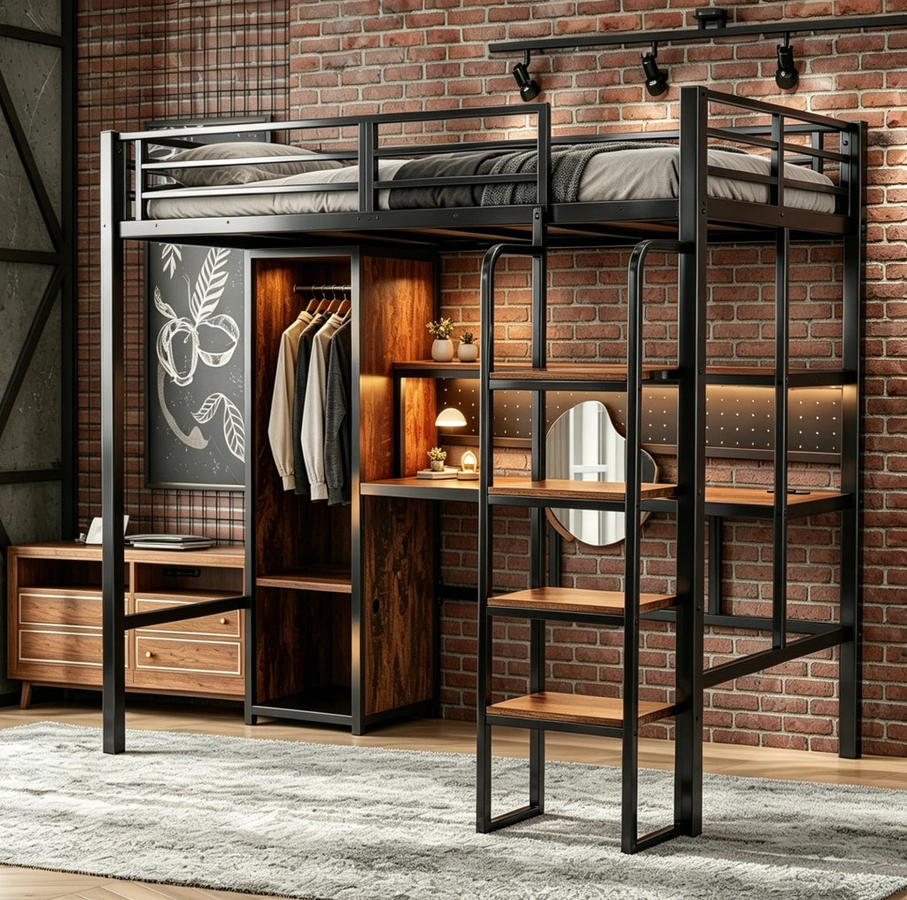 Letto a soppalco multifunzionale 90x200 cm con armadio; scrivania e LED; metallo e MDF