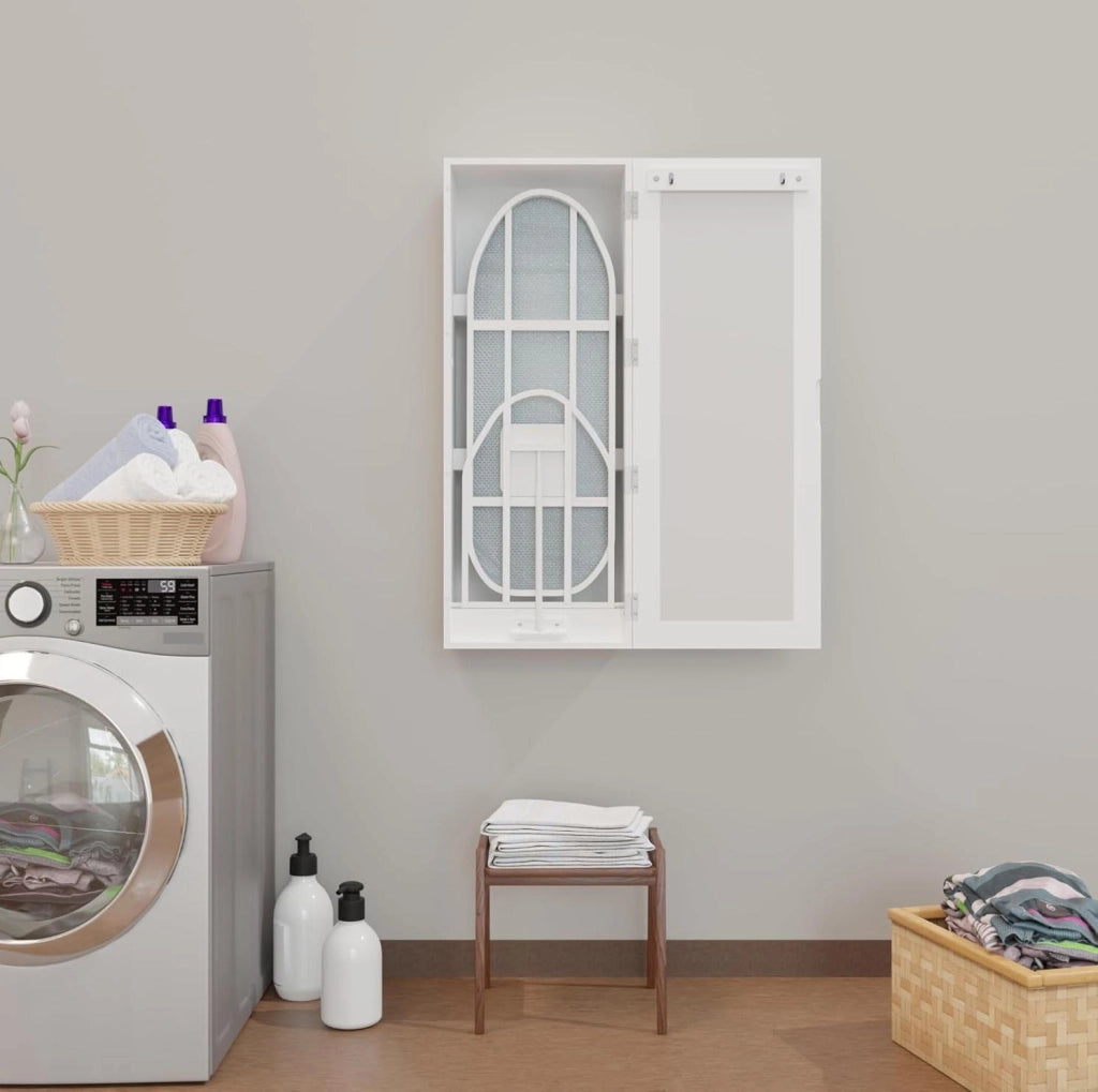 Mobile da parete ULEVR con asse da stiro pieghevole, specchio e ripiani, 103x43,5x27 cm, bianco
