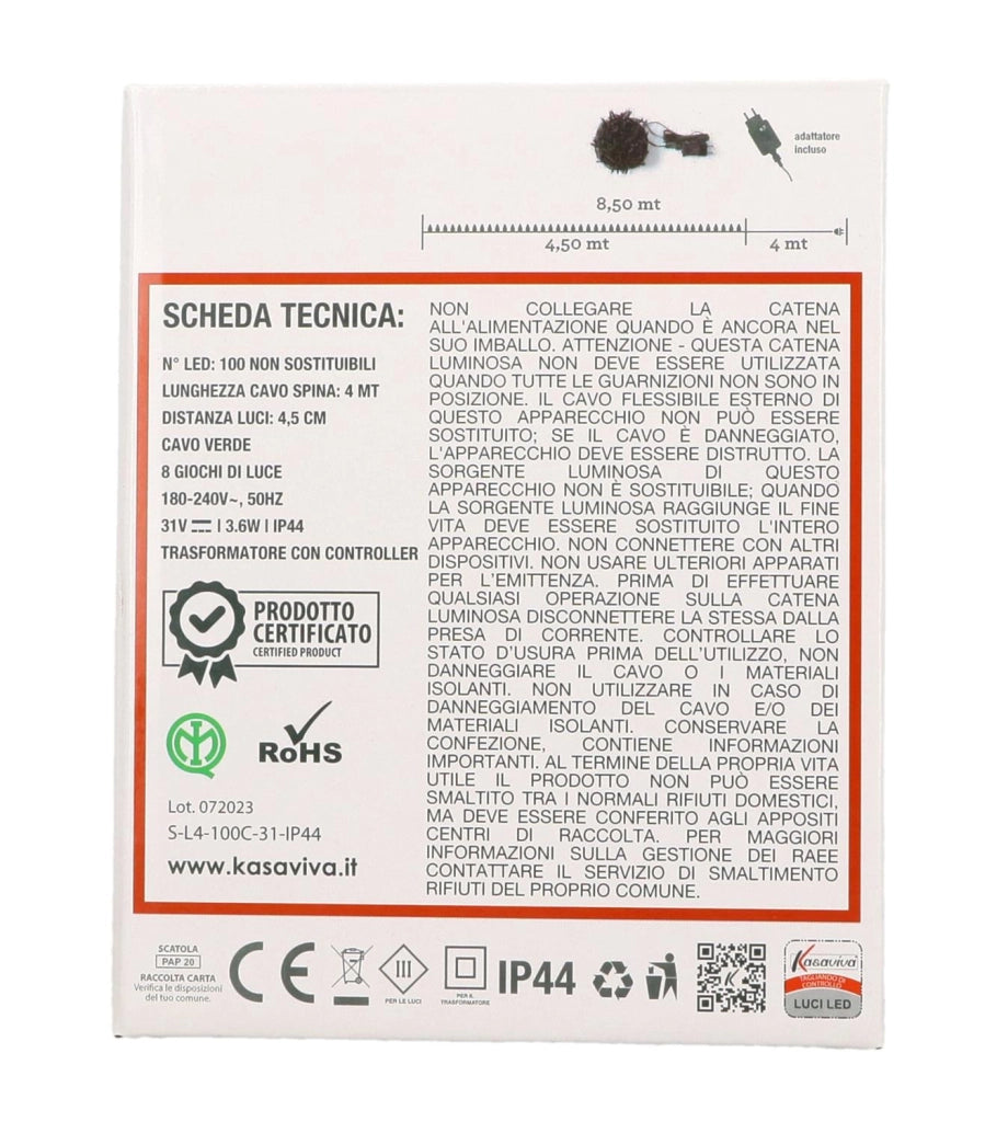 HIGH-TECH FILO A 100 LED LUCE BIANCA CALDA DA 8.50 METRI