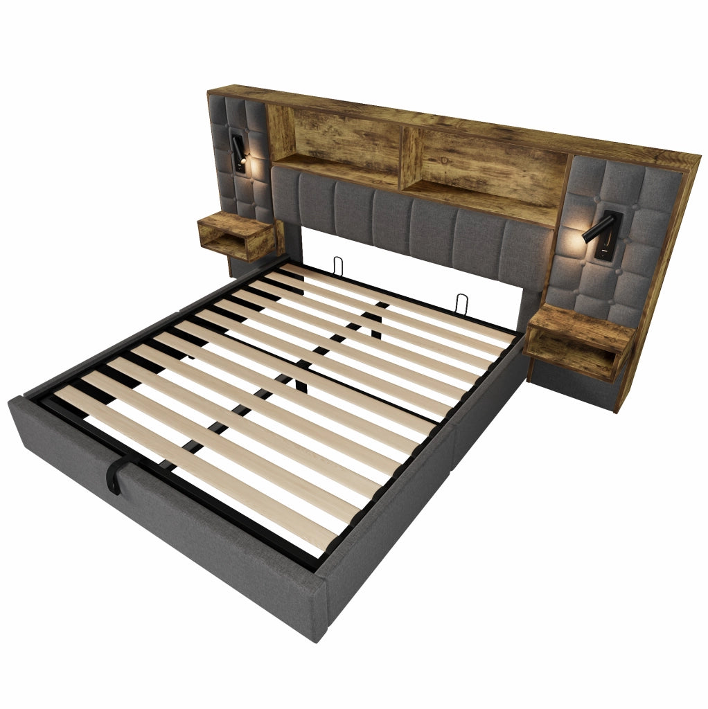 Letto 160x200 in lino con contenitore; lampade; comodini e USB Type-C; grigio