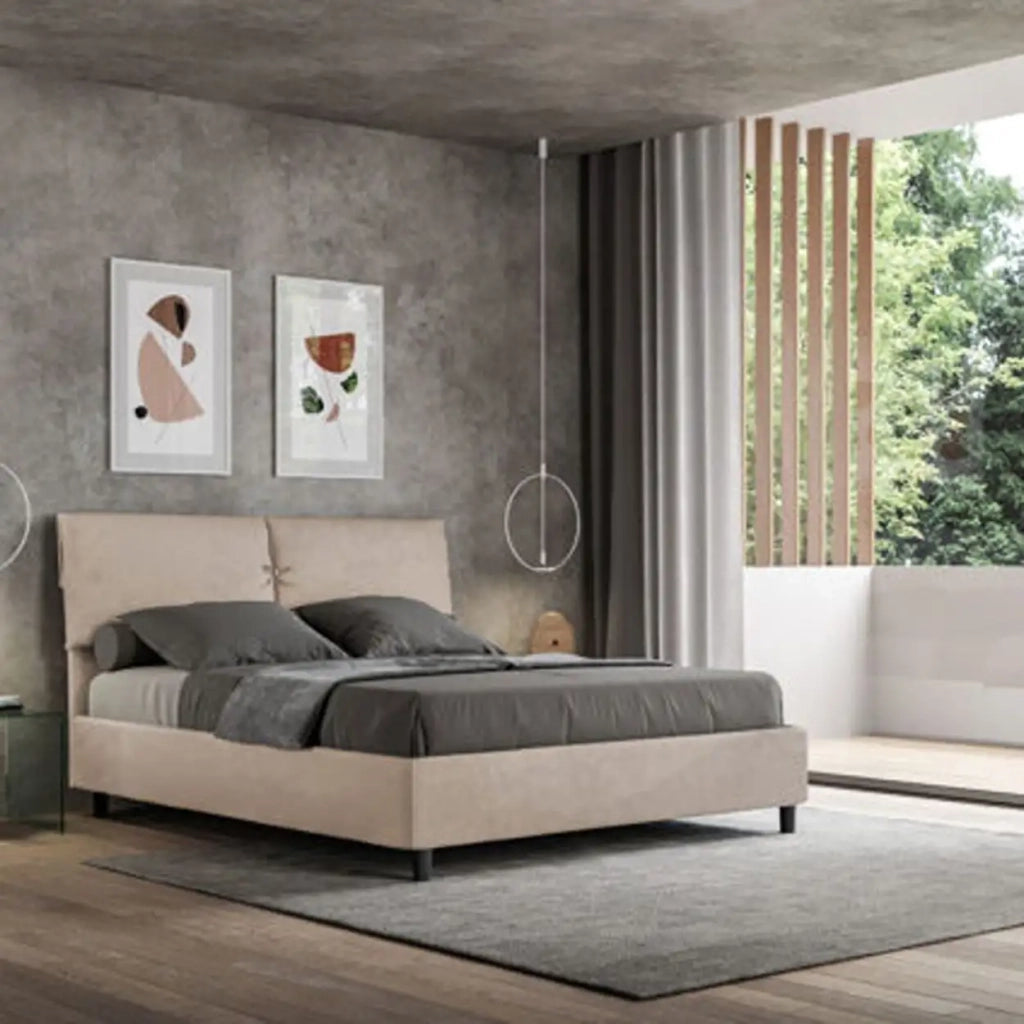 Letto matrimoniale con rete imbottito 160x210 microfibra sabbia Mados
