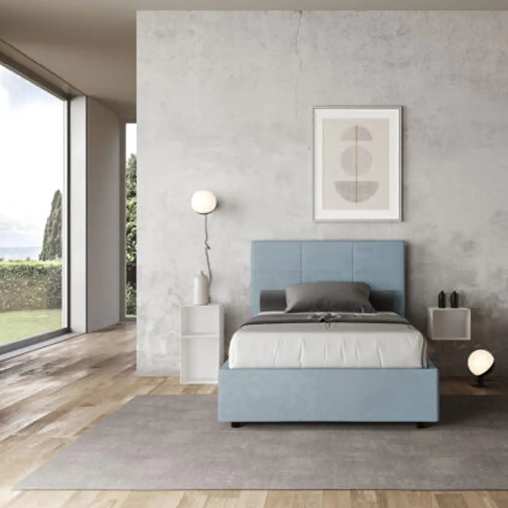 Letto una piazza e mezza senza rete imbottito 120x210 microfibra azzurro Mika