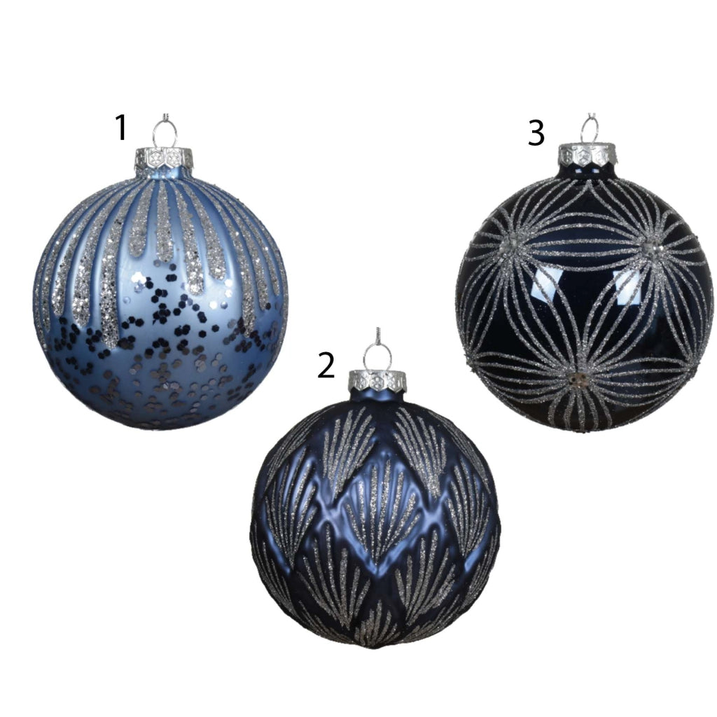 Palla in vetro natalizia glitter blu 10 cm