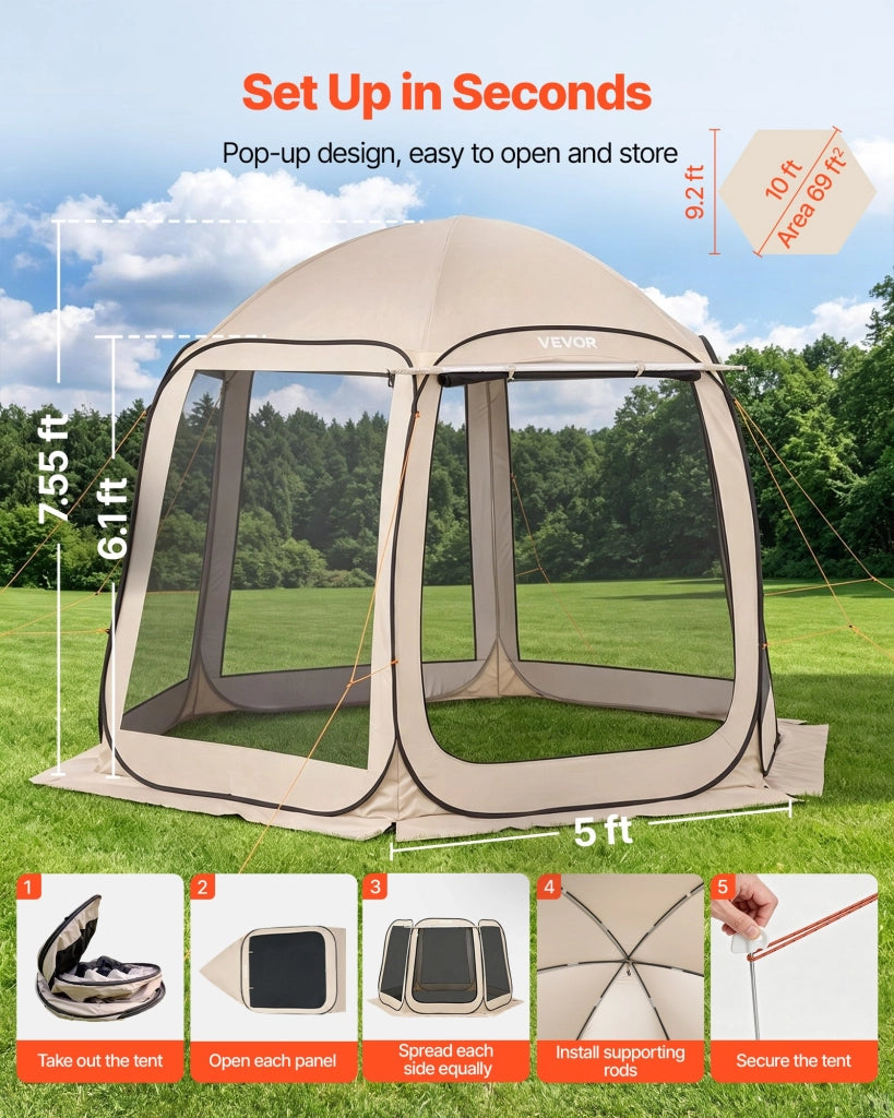 Tenda da campeggio trasparente 3030 x 2650 x 2300 mm beige per 4-8 persone con tendalino, lati in rete, borsa, robusta per giardino e patio